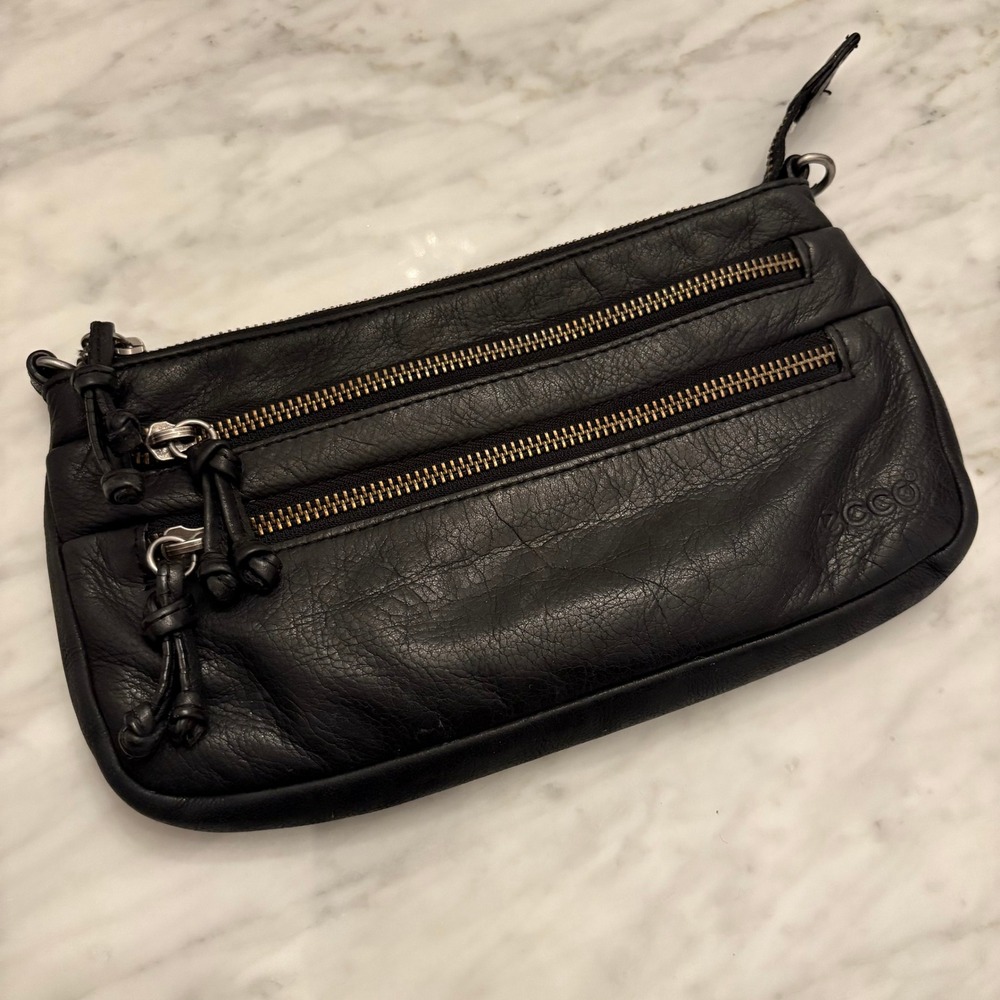ECCO Black Leather Double Zip Pouch Clutch Wristlet Bag
